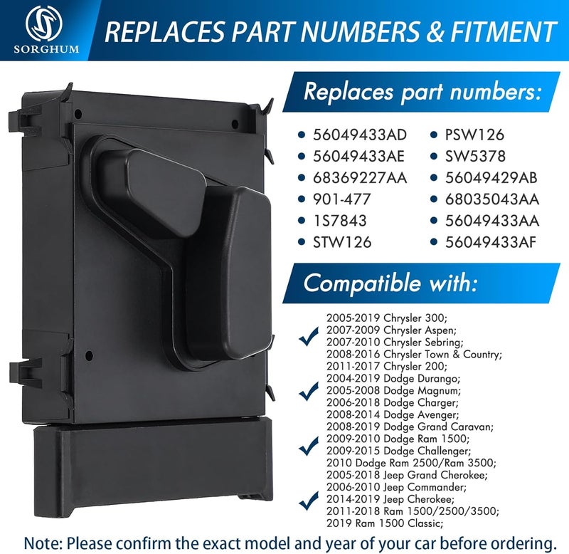 Sorghum Power Seat Switch - Front Left Driver Side Adjustment Switch Control Compatible with 14-19 Jeep Cherokee 05-19 Chrysler 300 09-10 Dodge Ram 1500 10 Pins Replace# 56049433AD 56049433AE - Image 4